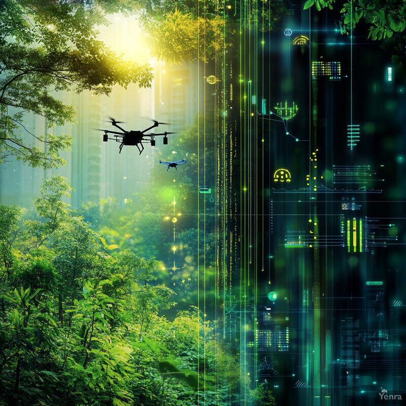 A futuristic approach to environmental monitoring using drones in a forest setting.