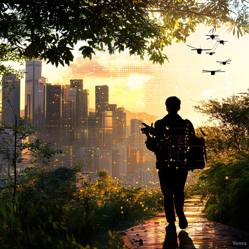 A man is shown walking on a wooden path, carrying a backpack with various tools and equipment, surrounded by lush greenery and trees.