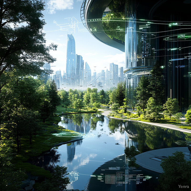 A futuristic city with a blend of natural and technological elements, featuring a large body of water, lush trees, and towering buildings.