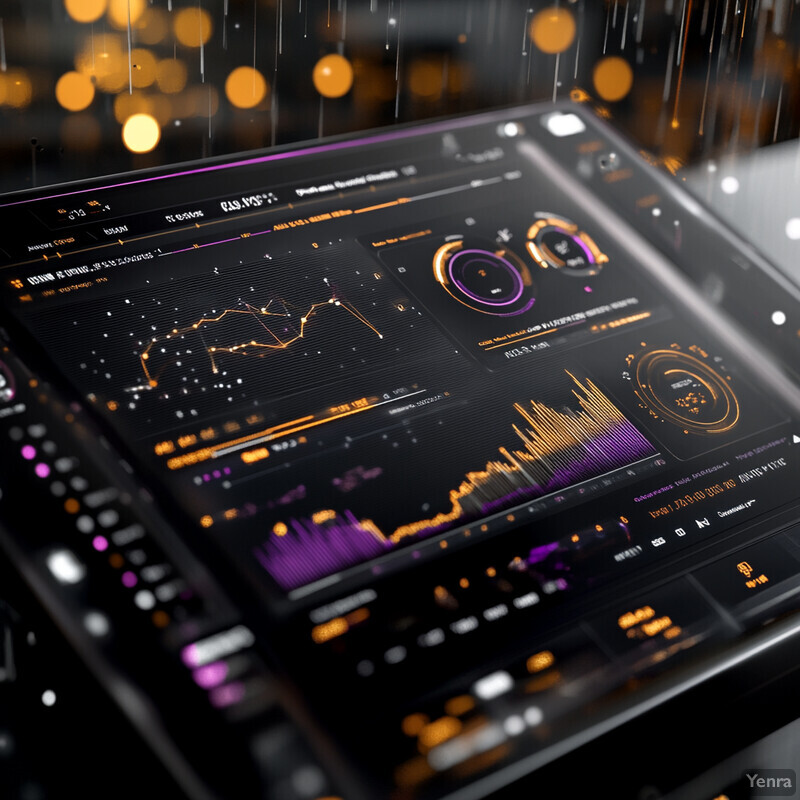 A futuristic screen displaying dynamic graphs and charts in a predominantly black background with purple and orange accents.