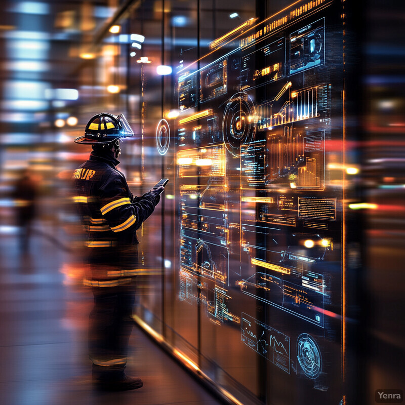 A firefighter studies data on a screen displaying Automated Decision Support System (ADSS) for emergency response.