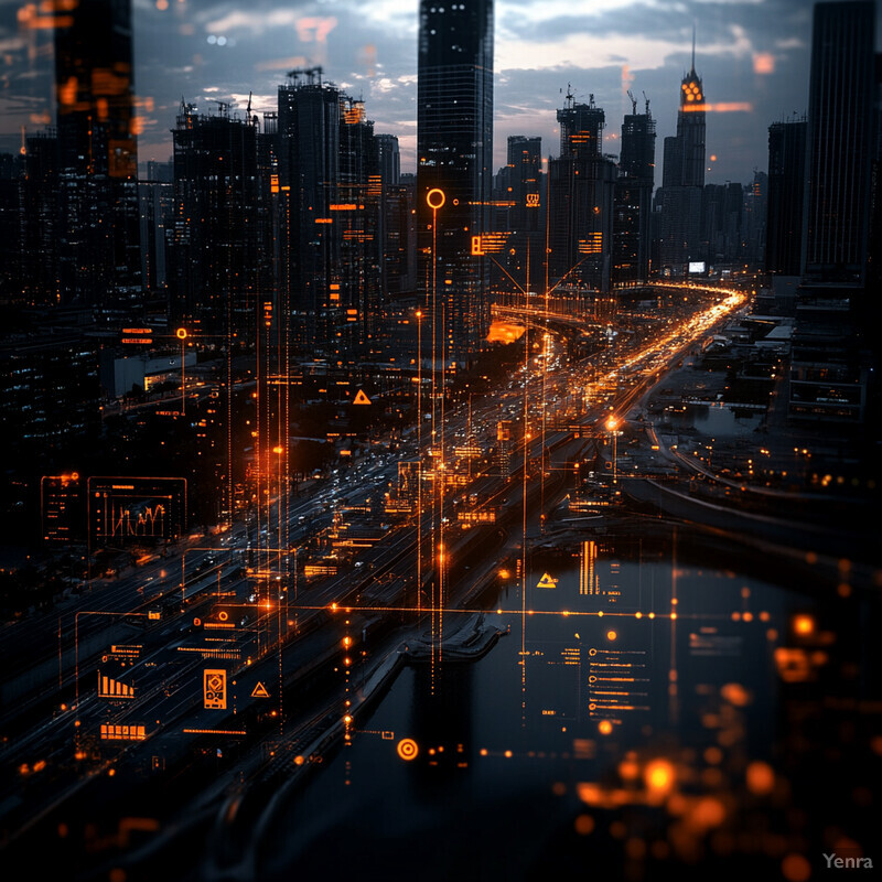 A cityscape at night with a focus on automated risk assessment.