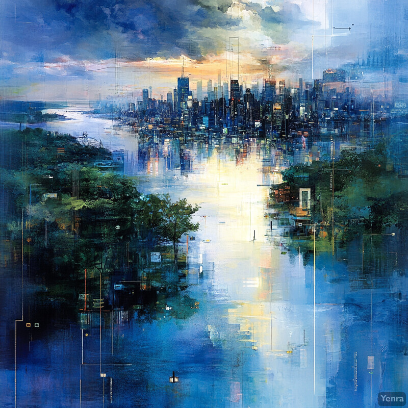 A cityscape with a large body of water and trees on either side.