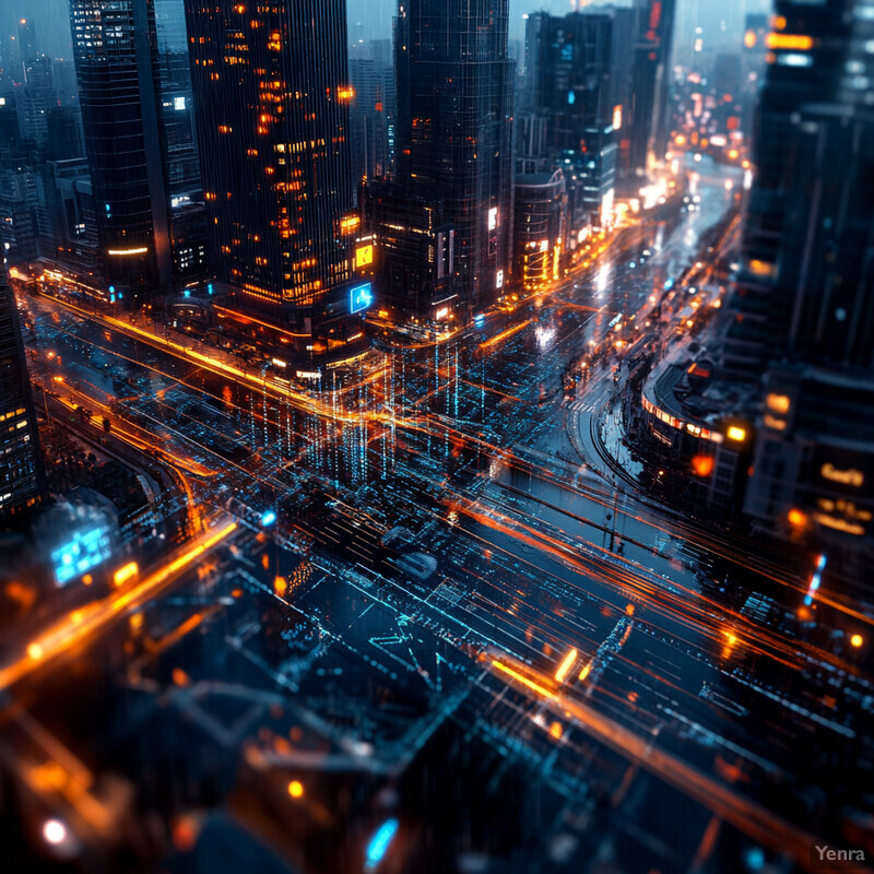 An urban cityscape at night, with towering skyscrapers and bustling streets.