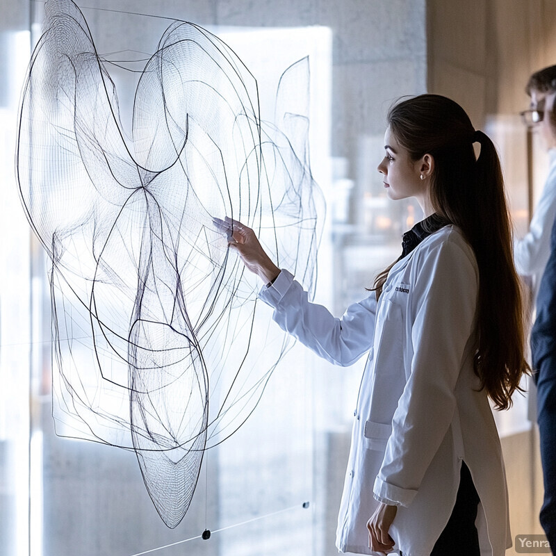 A woman in a white lab coat examines a complex diagram on a transparent screen.