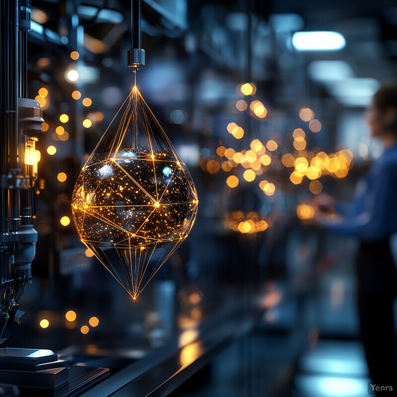 A glass ornament with a geometric pattern and starburst design hangs from the ceiling in a dimly lit room.