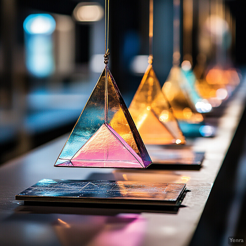 A collection of glass pyramids suspended from thin gold wires, arranged in a row on a white surface.