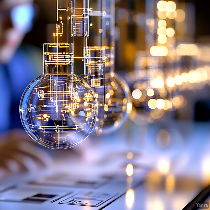 A collection of blue glass light bulbs with gold accents suspended from the ceiling in an office or study area.