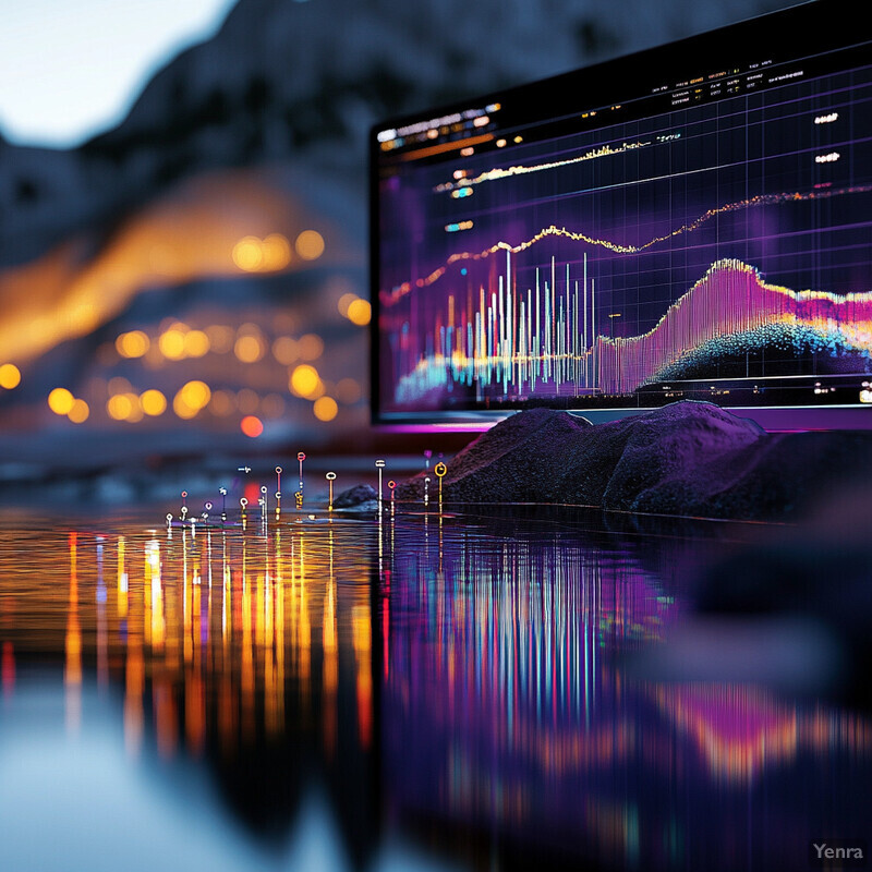 A computer monitor displays a graph in an outdoor setting with a mountain range in the background.