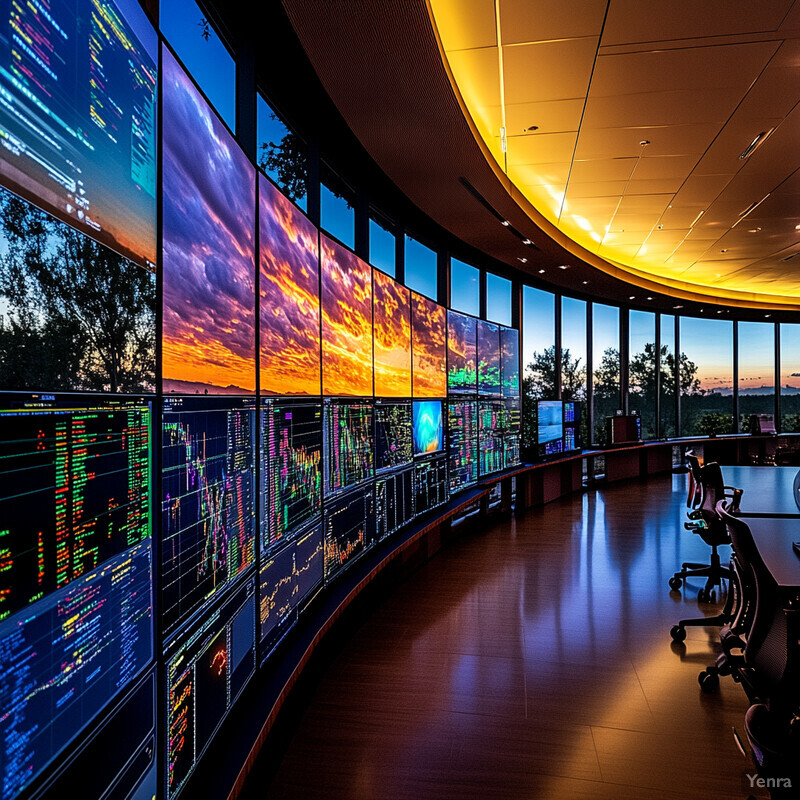 The Enhanced Weather Forecasting Models room is equipped with multiple large screens displaying various graphics and data visualizations related to weather forecasting models, with a focus on improving accuracy and decision-making.