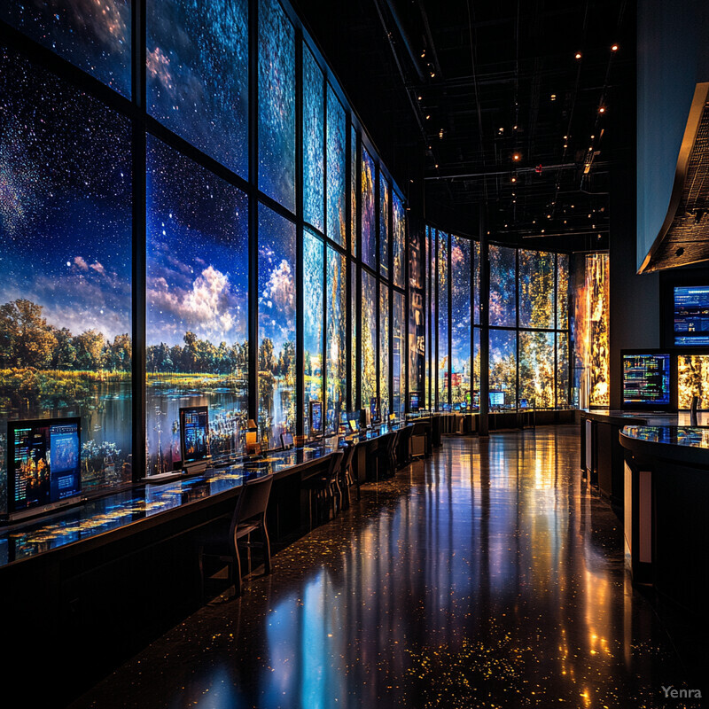 A large wall of screens displaying images and graphics in an indoor setting.