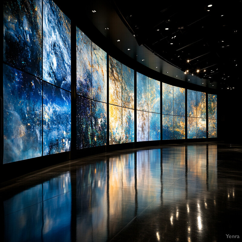 A futuristic and high-tech room used for advanced weather forecasting or climate research, featuring large screens displaying vibrant images of Earth's atmosphere.