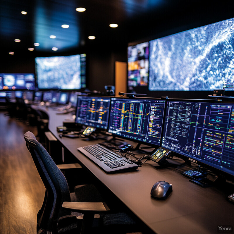 A room filled with computer screens and desks, likely an office or control center.