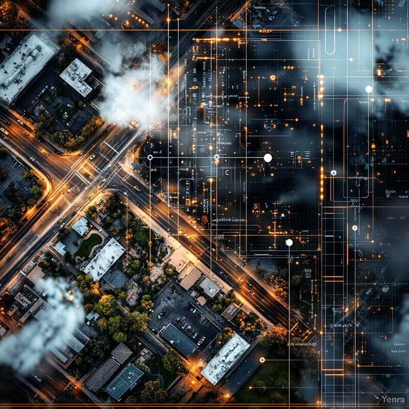 Aerial view of a cityscape at night, showcasing illuminated buildings and roads.