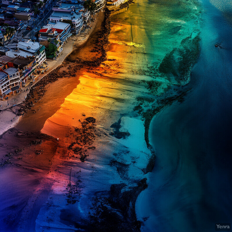 Aerial view of a colorful beach with buildings and ocean.