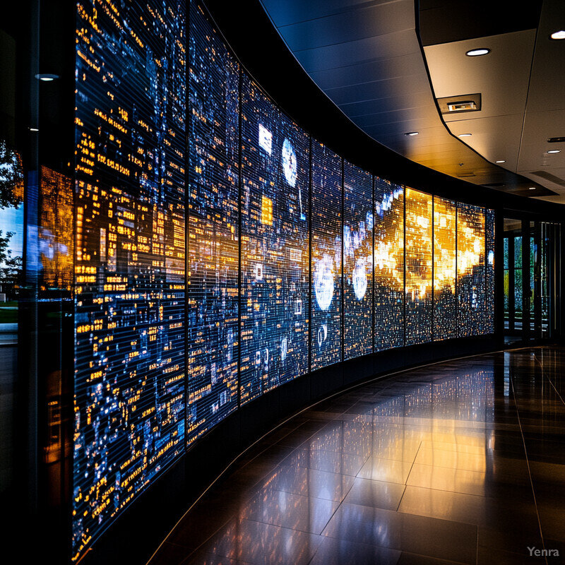 A large, curved wall covered in screens displaying various images and data.