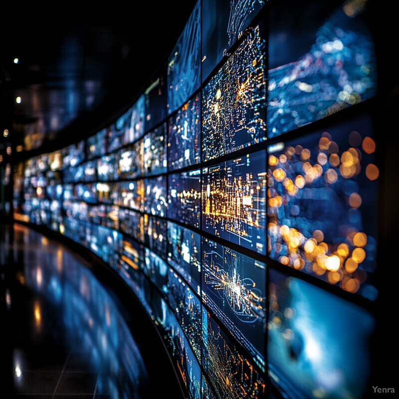 A large wall of screens displaying various images and data visualizations.