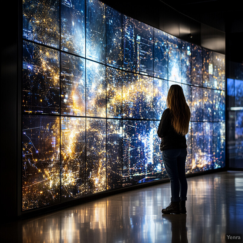 A woman stands in front of a large wall covered with multiple screens displaying various images and data.