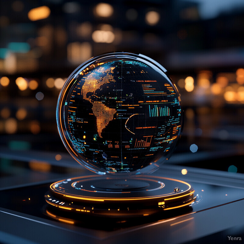 A transparent globe with various data visualizations on its surface, set against a blurred cityscape at night.