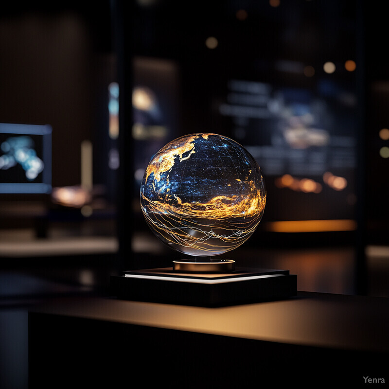 A close-up view of a globe with a black base and gold accents.