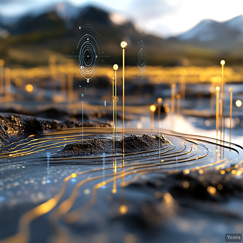 A futuristic landscape featuring sensors embedded in a rocky terrain.