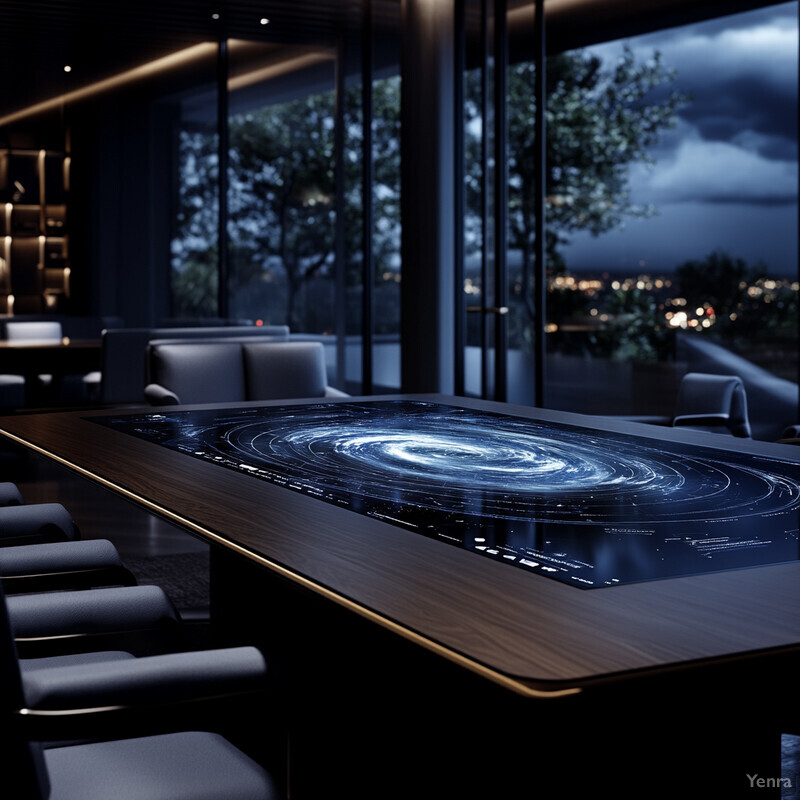 A modern conference table with a unique illuminated design and gray chairs in front of a wall of windows offering a view of trees outside.