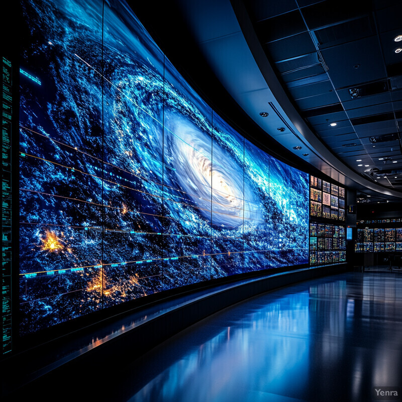 A large curved screen displays real-time satellite image analysis in a high-tech laboratory or control room.