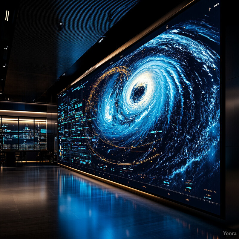 A large screen displaying real-time satellite images in a dark room.