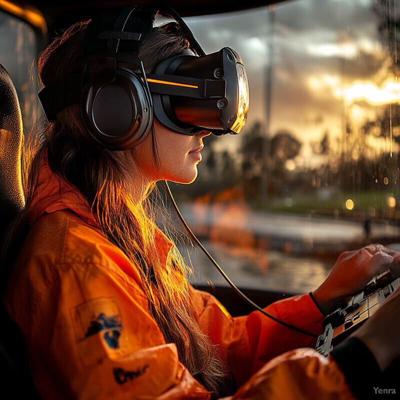 A woman wearing an orange jumpsuit and VR headset sits in a vehicle with a large windshield, holding a steering wheel.