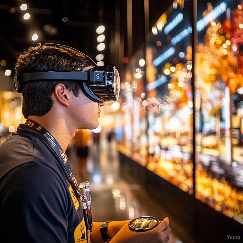 A man wearing a VR headset and holding a controller stands in front of a large screen displaying an immersive environment.