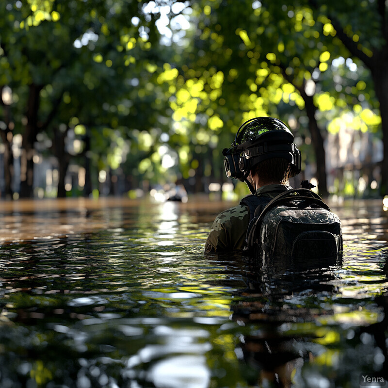 A person in military gear wades through flooded streets.