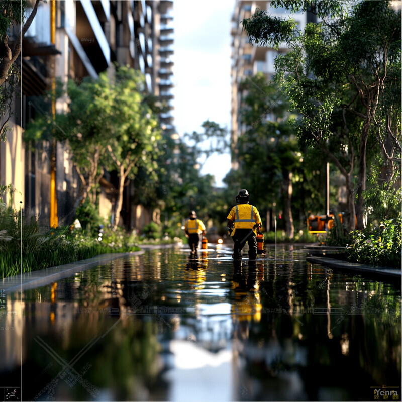 Two individuals in yellow safety vests walking down a wet street in an urban area.