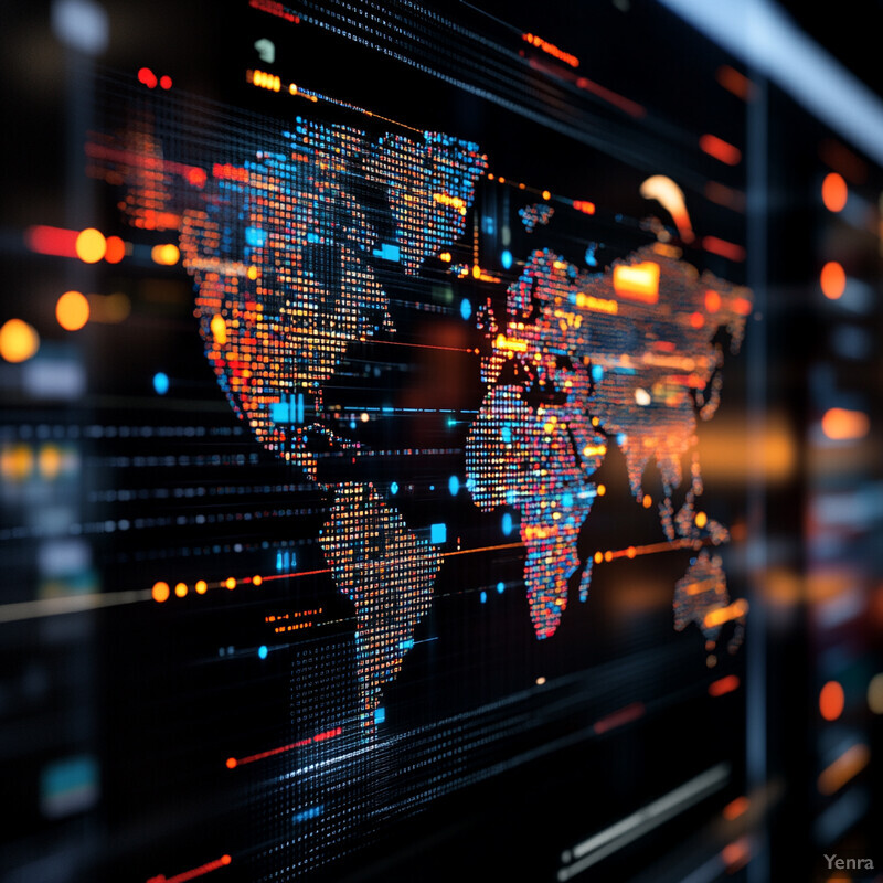 A world map overlaid with colorful patterns and lines, potentially representing global data or trends.