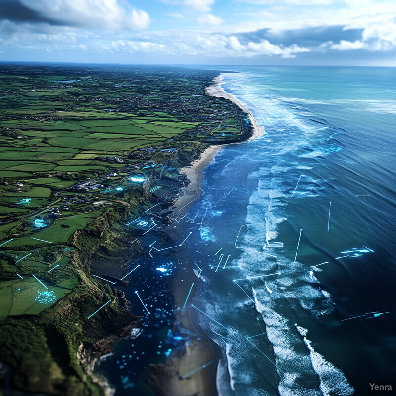 A coastline with buildings or structures in the foreground and a calm ocean in the background, possibly related to storm surge and tsunami forecasting.