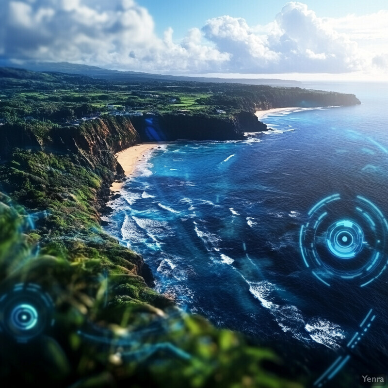 A coastline with a cliff and sandy beach, surrounded by greenery and cloudy skies.