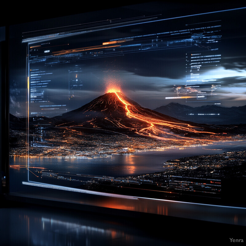 A volcano erupts in the distance, with a cityscape and body of water visible in front of it.