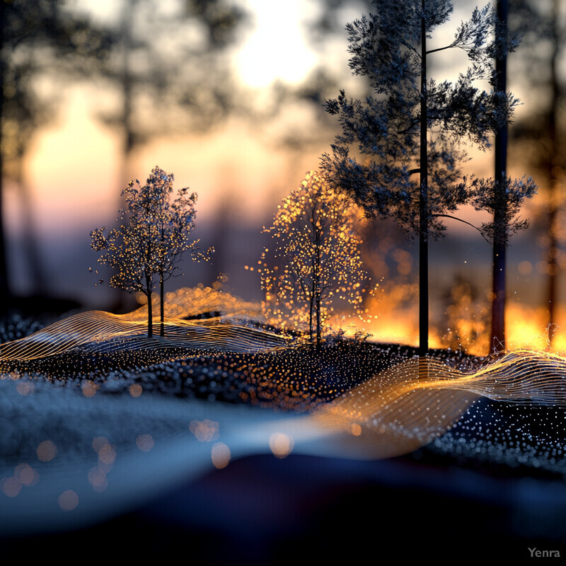 A serene forest landscape at sunset/sunrise, rendered in an artistic style.