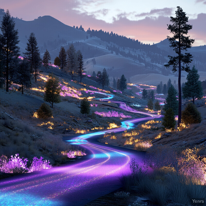 A winding road through hills at dusk or dawn, with a glowing purple, blue, and yellow hue.