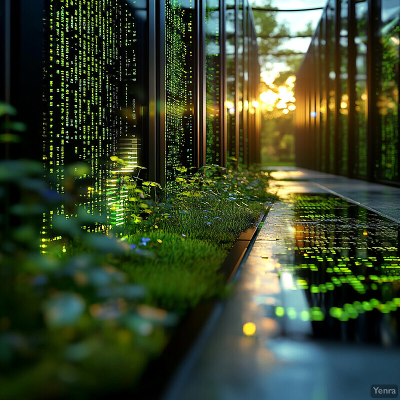 A futuristic data center or server room with rows of servers and green binary code on the wall.