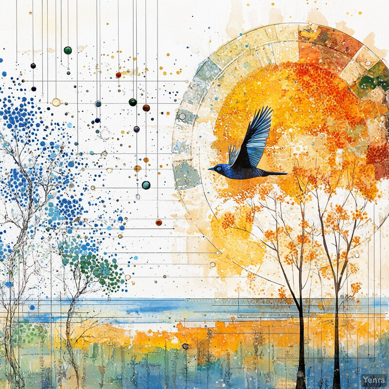 A bird in flight over a body of water and trees, with a grid-like pattern superimposed over the scene.