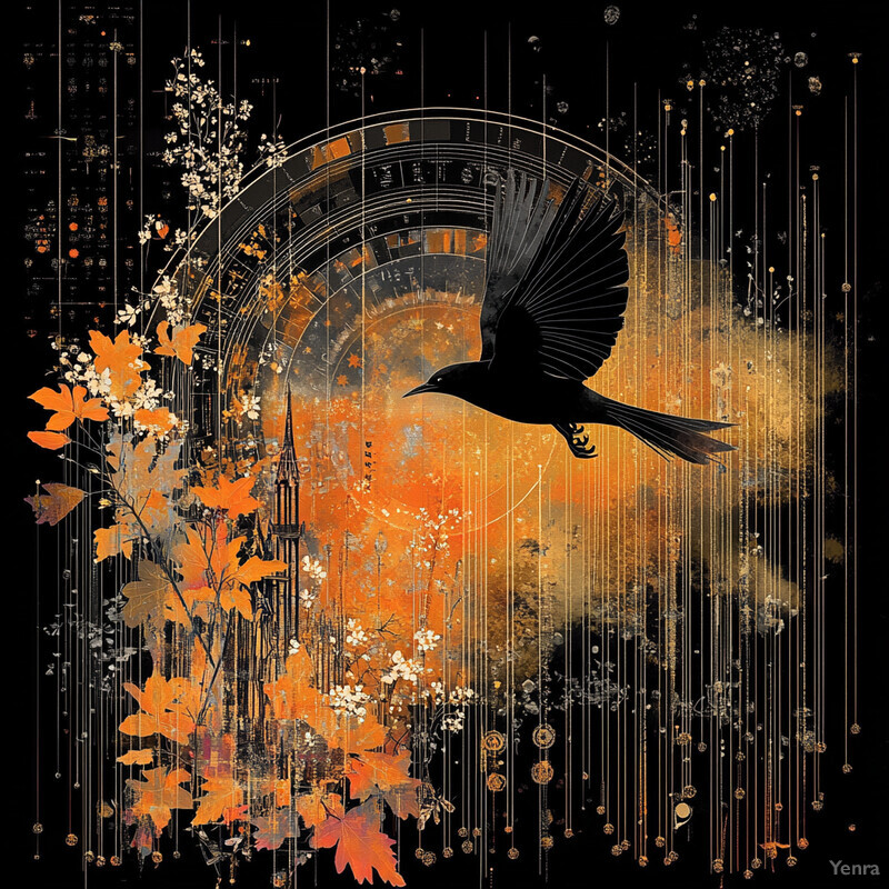 A digital artwork featuring a black bird in flight surrounded by a circular pattern and small white flowers.