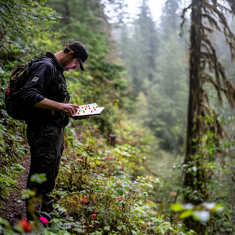 A man stands in a forested area, examining a piece of paper with red dots and green lines.