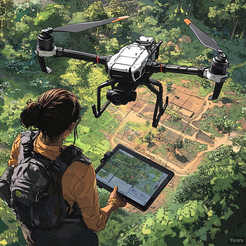 A woman stands in a green field, holding a tablet and observing a drone flying above her.