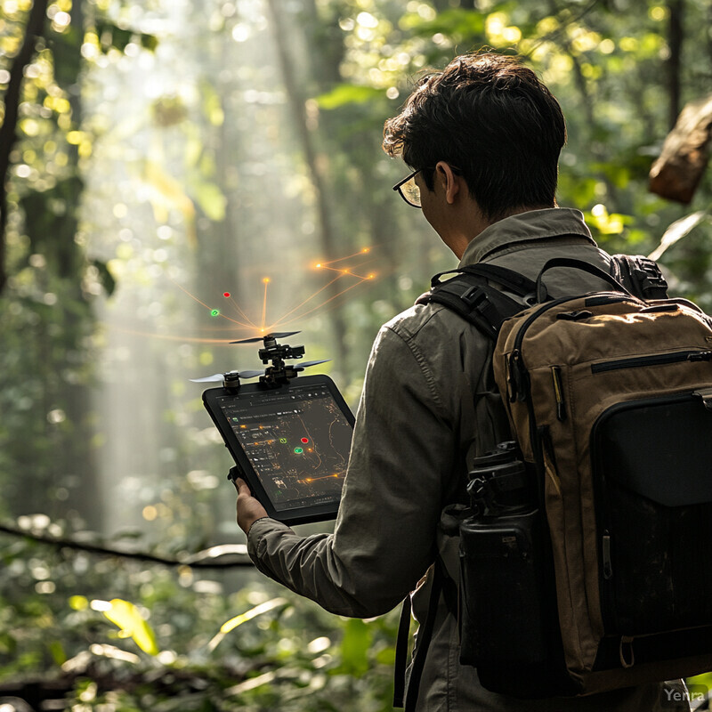 Man in a forest using drone technology to survey the ecosystem.