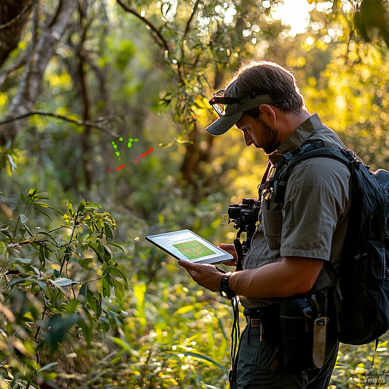 A man is standing in a wooded area, surrounded by trees and plants with green leaves, holding an electronic device.