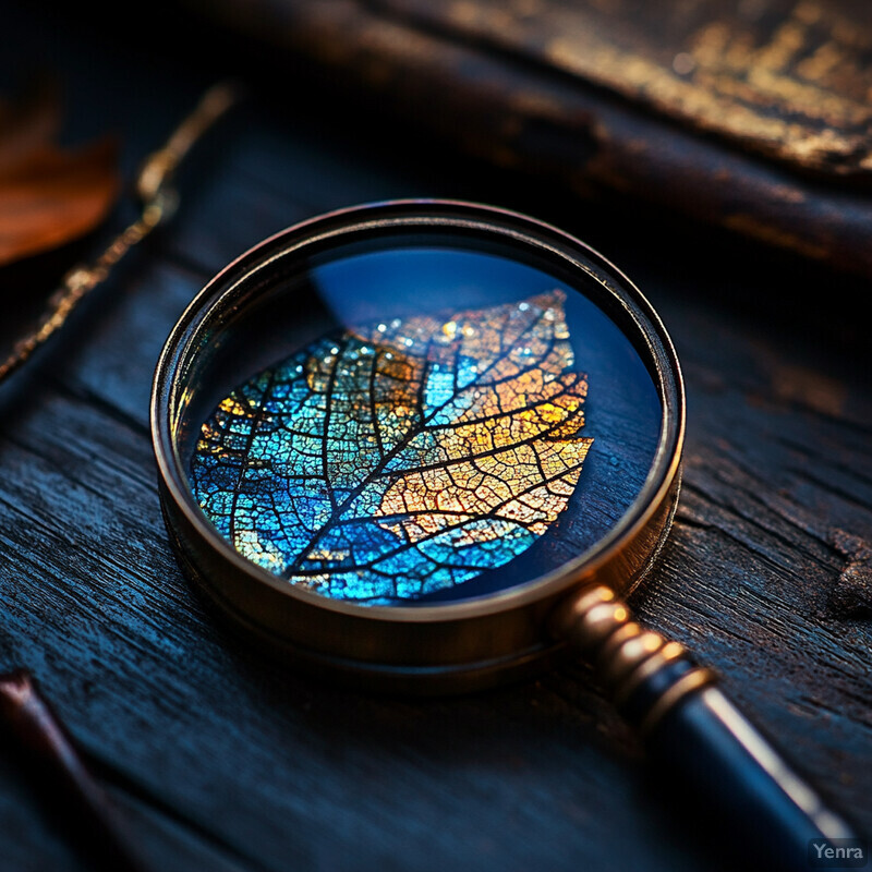 An antique magnifying glass rests on a dark wooden table, possibly used for reading.