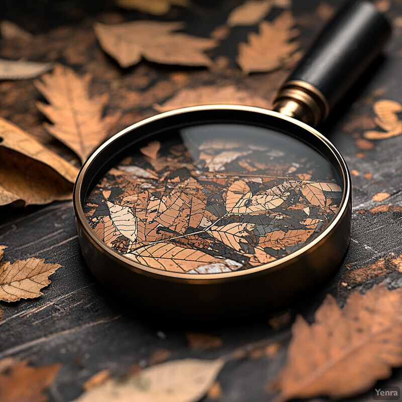 A magnifying glass is placed on a dark surface surrounded by scattered brown leaves.