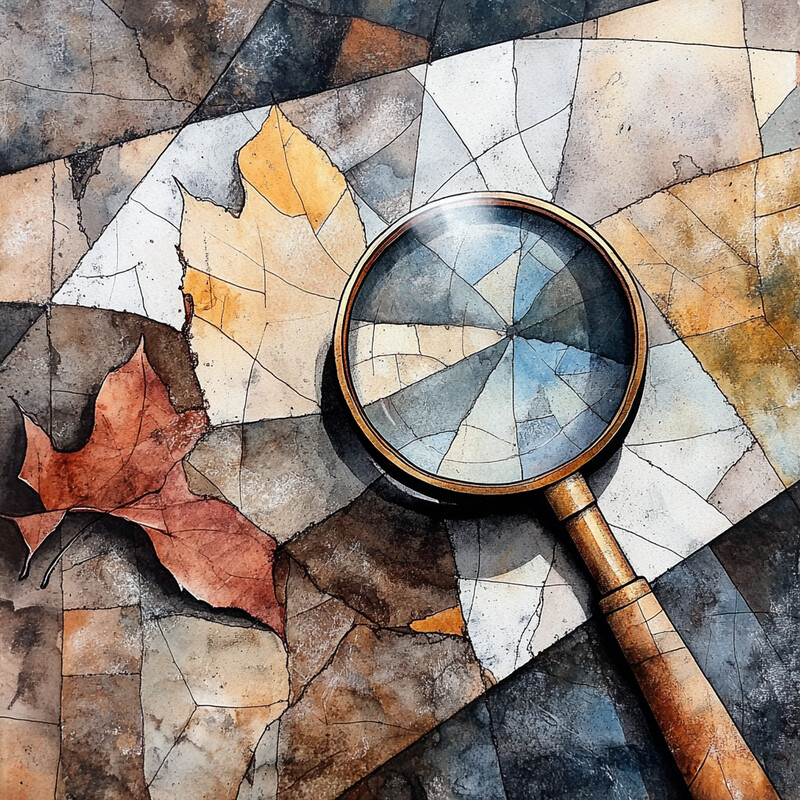 A magnifying glass lies on a surface covered in autumn leaves.