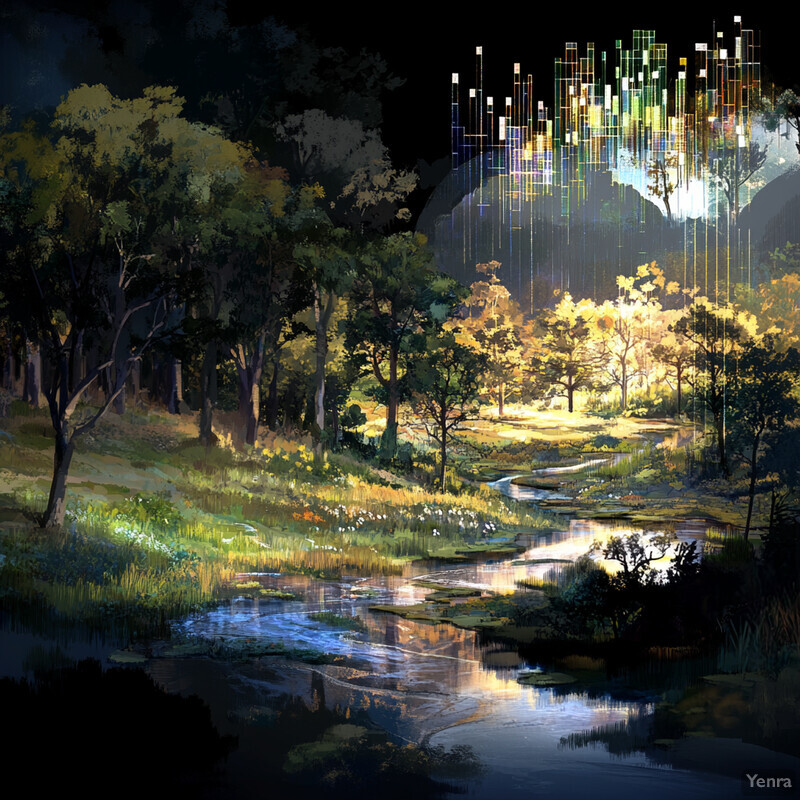 A serene forest scene with a gentle stream and lush greenery.