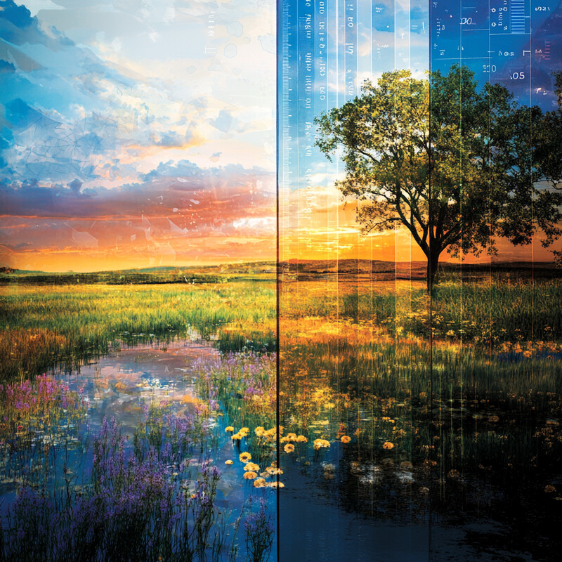 A peaceful outdoor scene with a tree in the background and a field of wildflowers and grasses in the foreground.